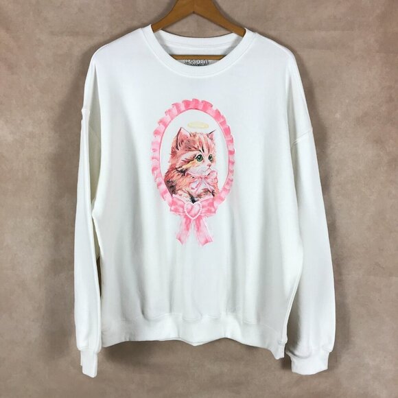 Goodie Two Sleeves Women's Angel Kitten White Crewneck Sweatshirt NEW XL - Picture 1 of 6